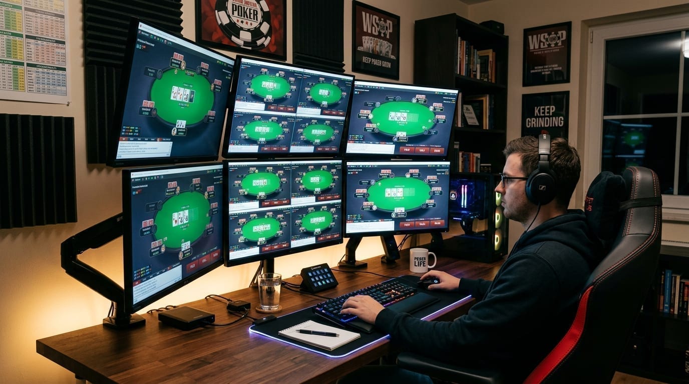 Professional multi-table online poker grinding setup