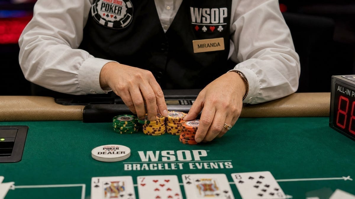 Dealer managing chips during a WSOP bracelet event