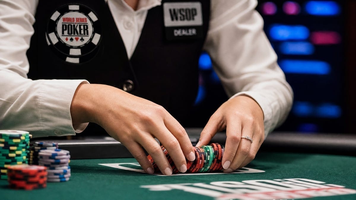 WSOP dealer handling chips during tournament play