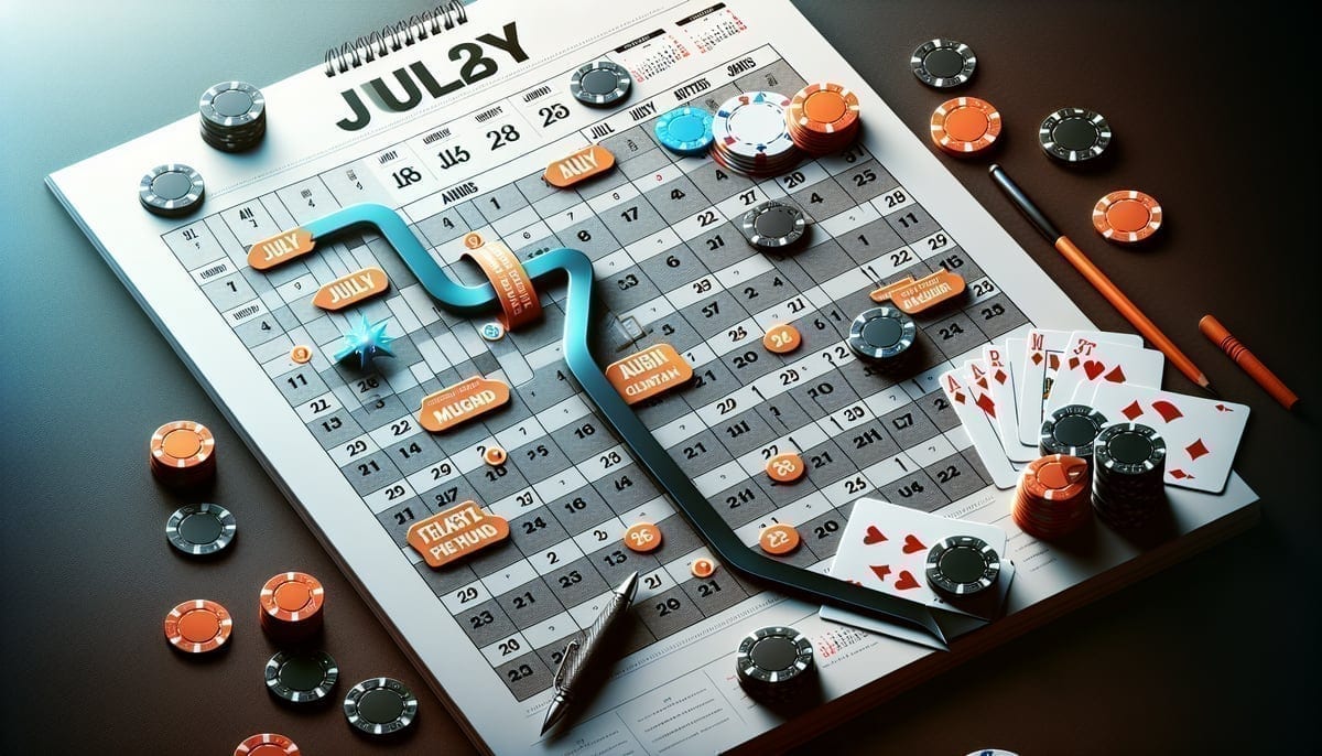 WSOP Main Event schedule showing 20-day break between Day 8 and final table