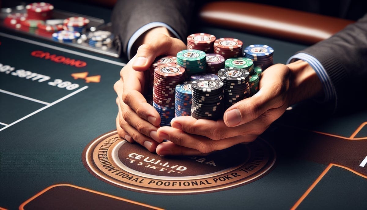 WSOP Europe tournament chips being stacked at the Main Event