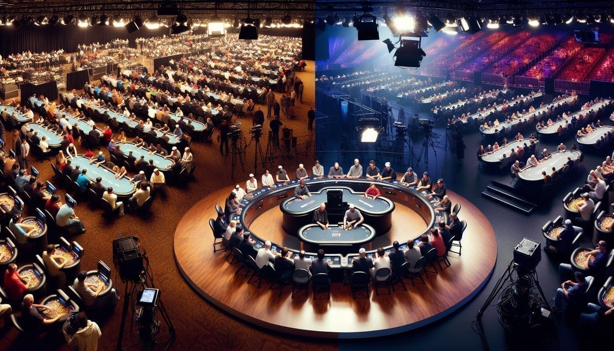 WSOP Main Event tournament floor compared to televised final table setup