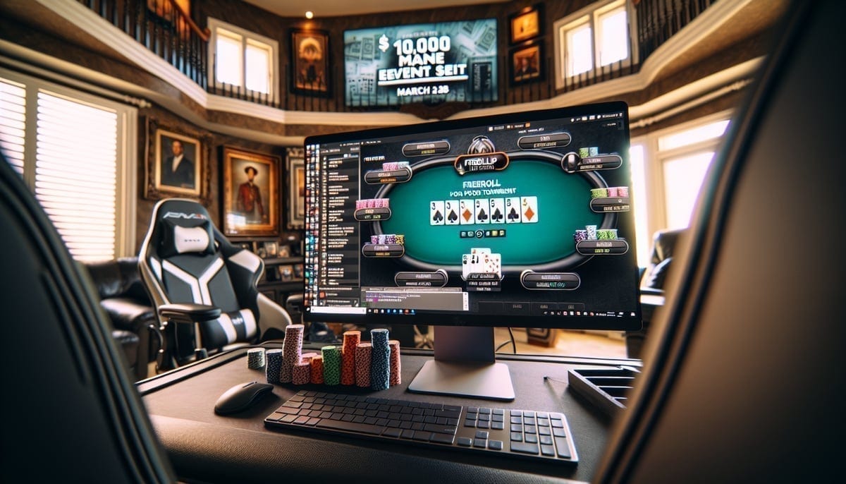 WSOP Online freeroll tournament lobby showing Main Event seat prize