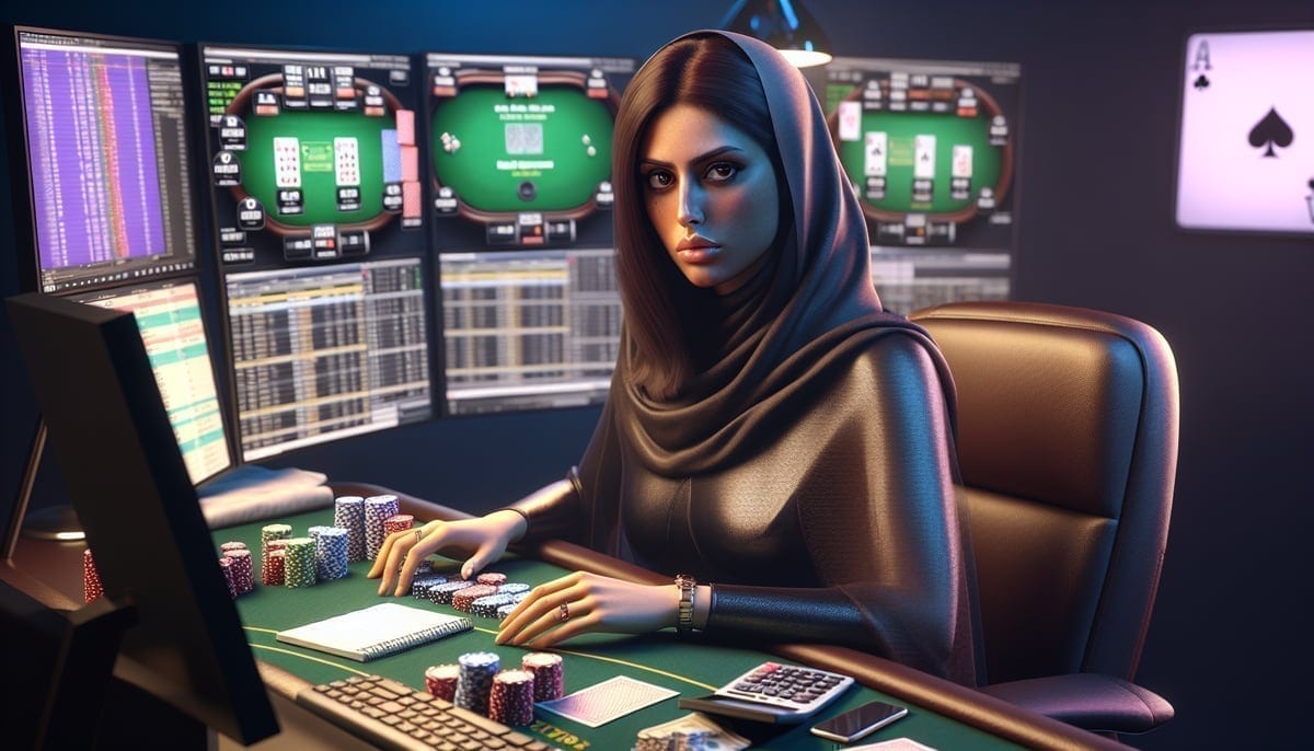 Online poker player analyzing tournament schedule on multiple screens
