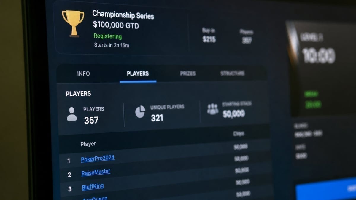 Online poker tournament lobby showing player statistics and prize pool information