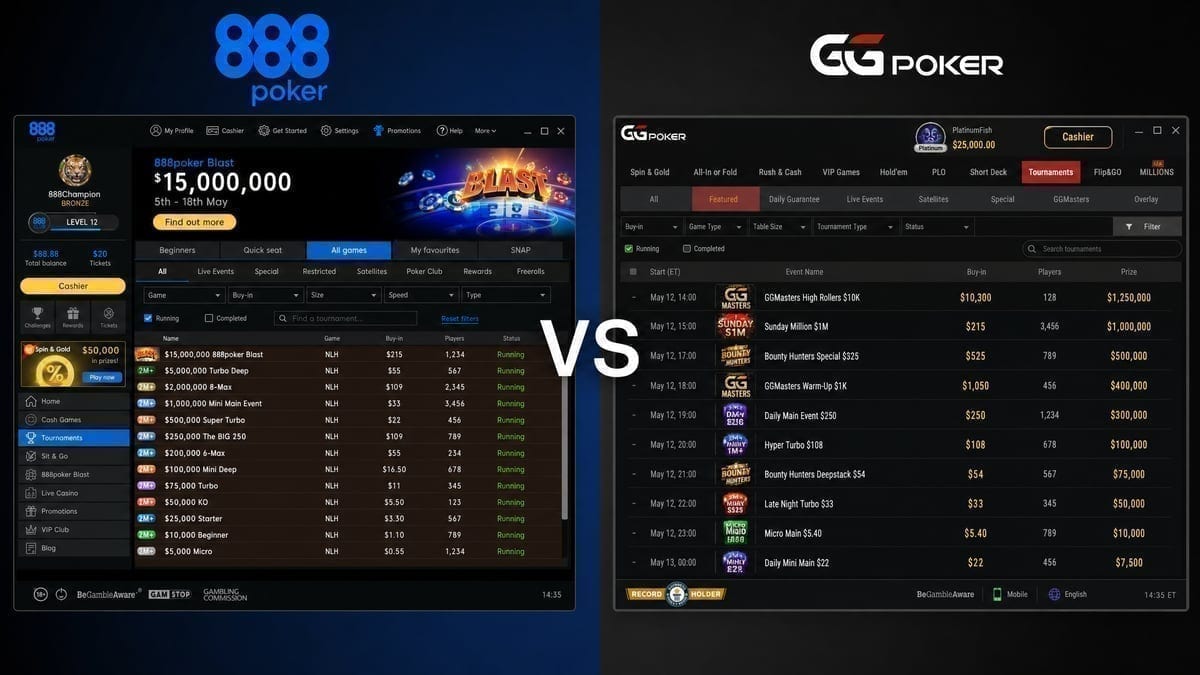 888poker and GGPoker tournament lobby interfaces side by side