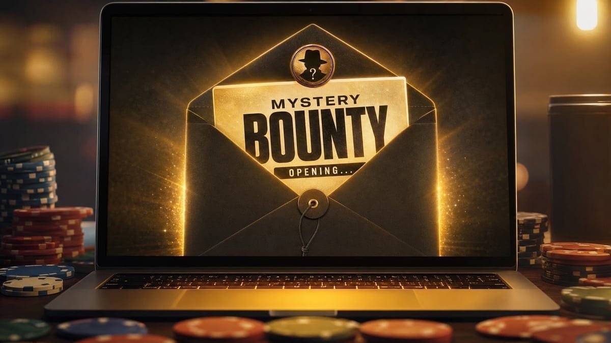 Mystery bounty envelope opening on computer screen during WSOP Online event