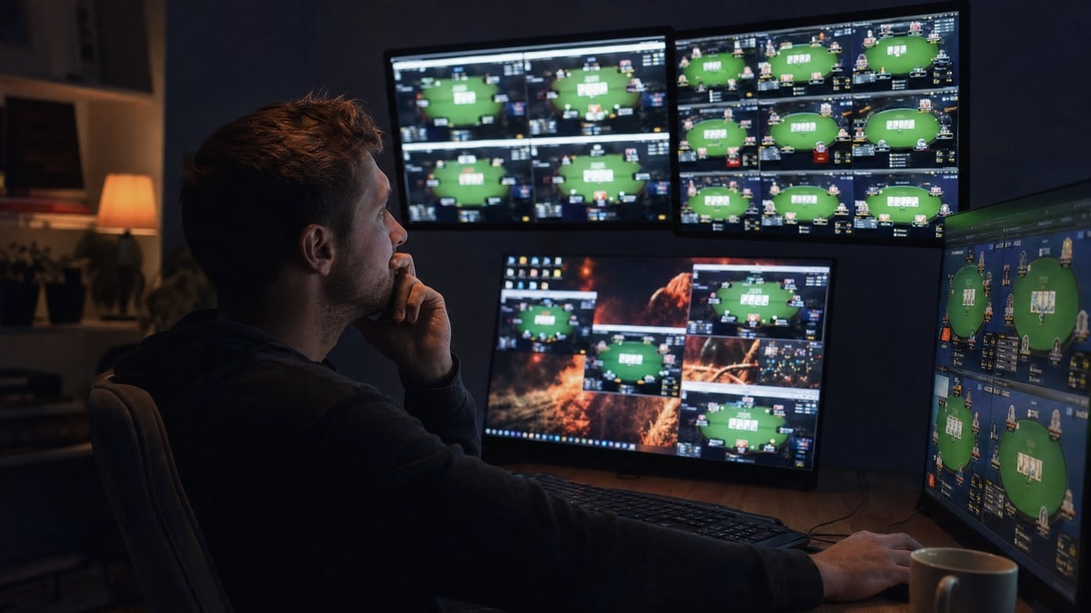 A player multi-tabling an online poker series from a home setup
