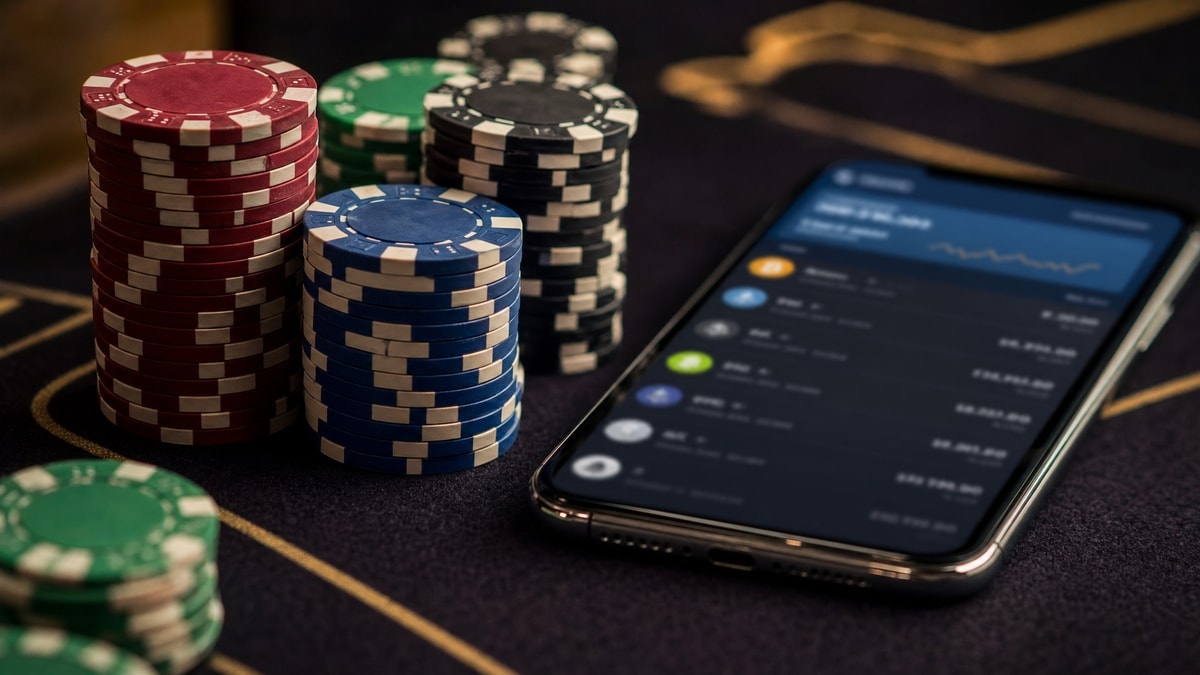 Poker chips beside a smartphone crypto wallet on a tournament table
