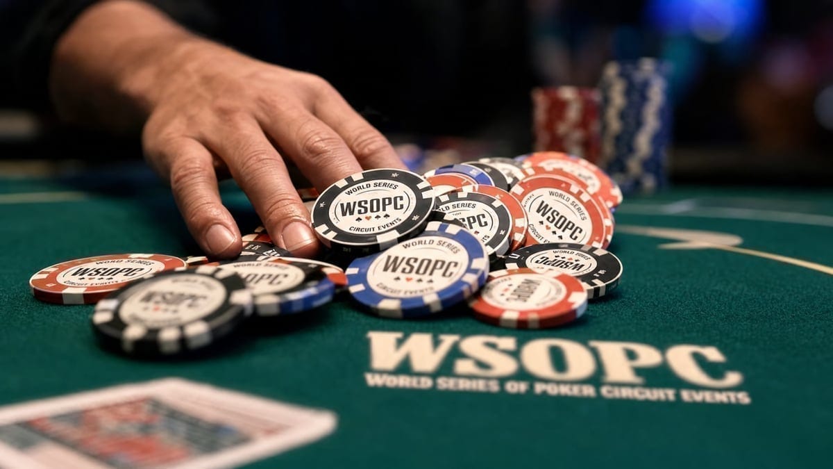 WSOPC tournament chips being pushed across the final table