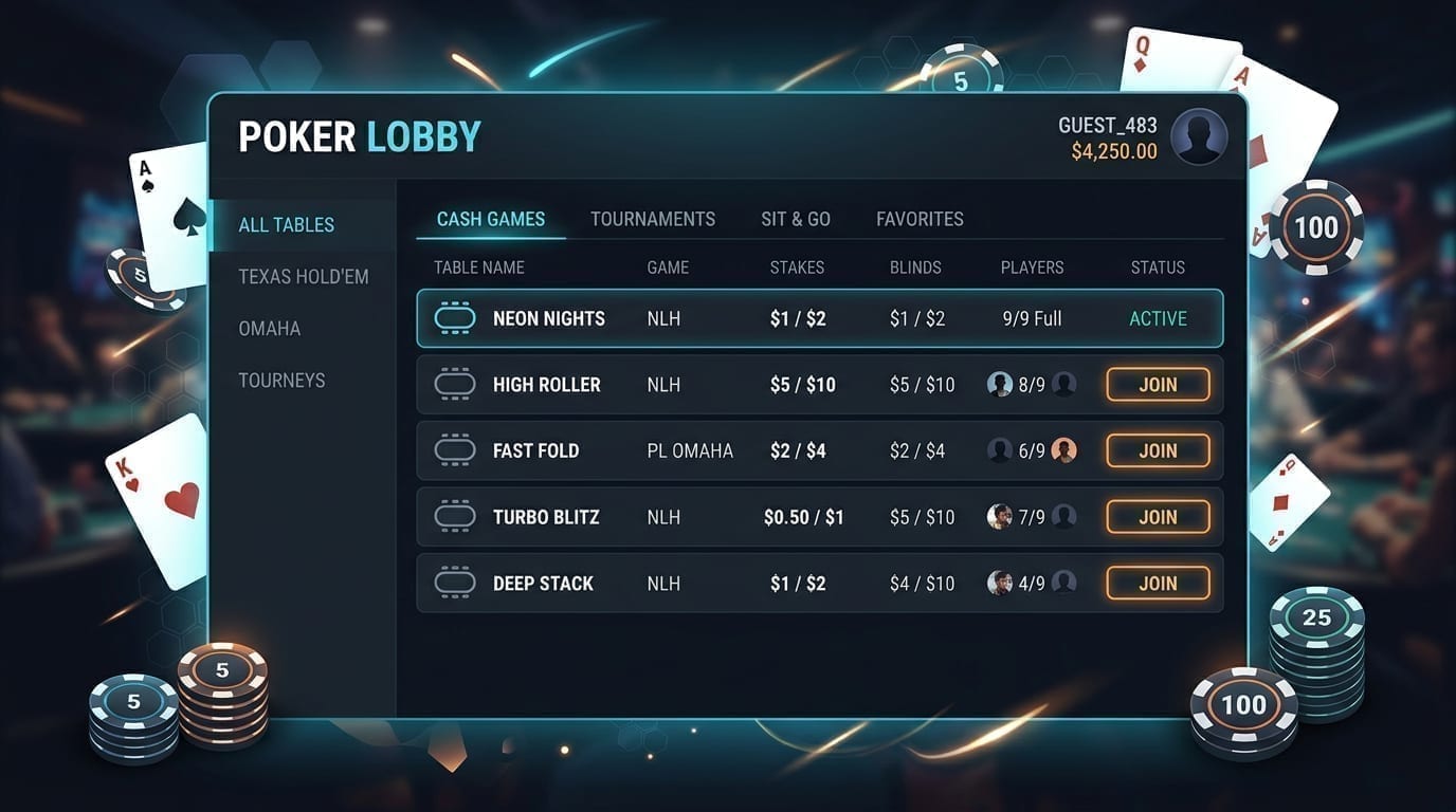 CoinPoker desktop lobby - dark-themed interface with game filtering