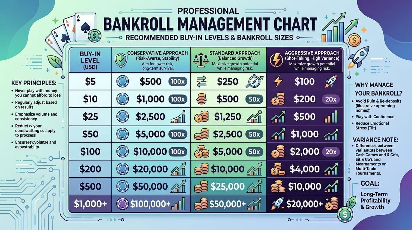 Bankroll management chart - buy-in levels and recommended bankroll sizes