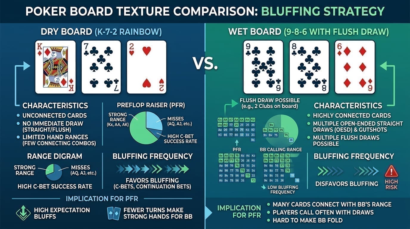 Dry board vs wet board - bluffing strategy comparison