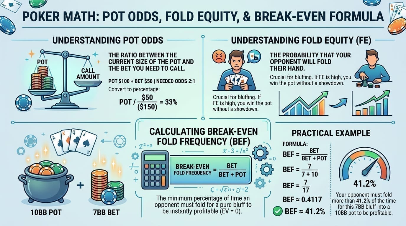 Break-even fold frequency formula: bet ÷ (bet + pot)