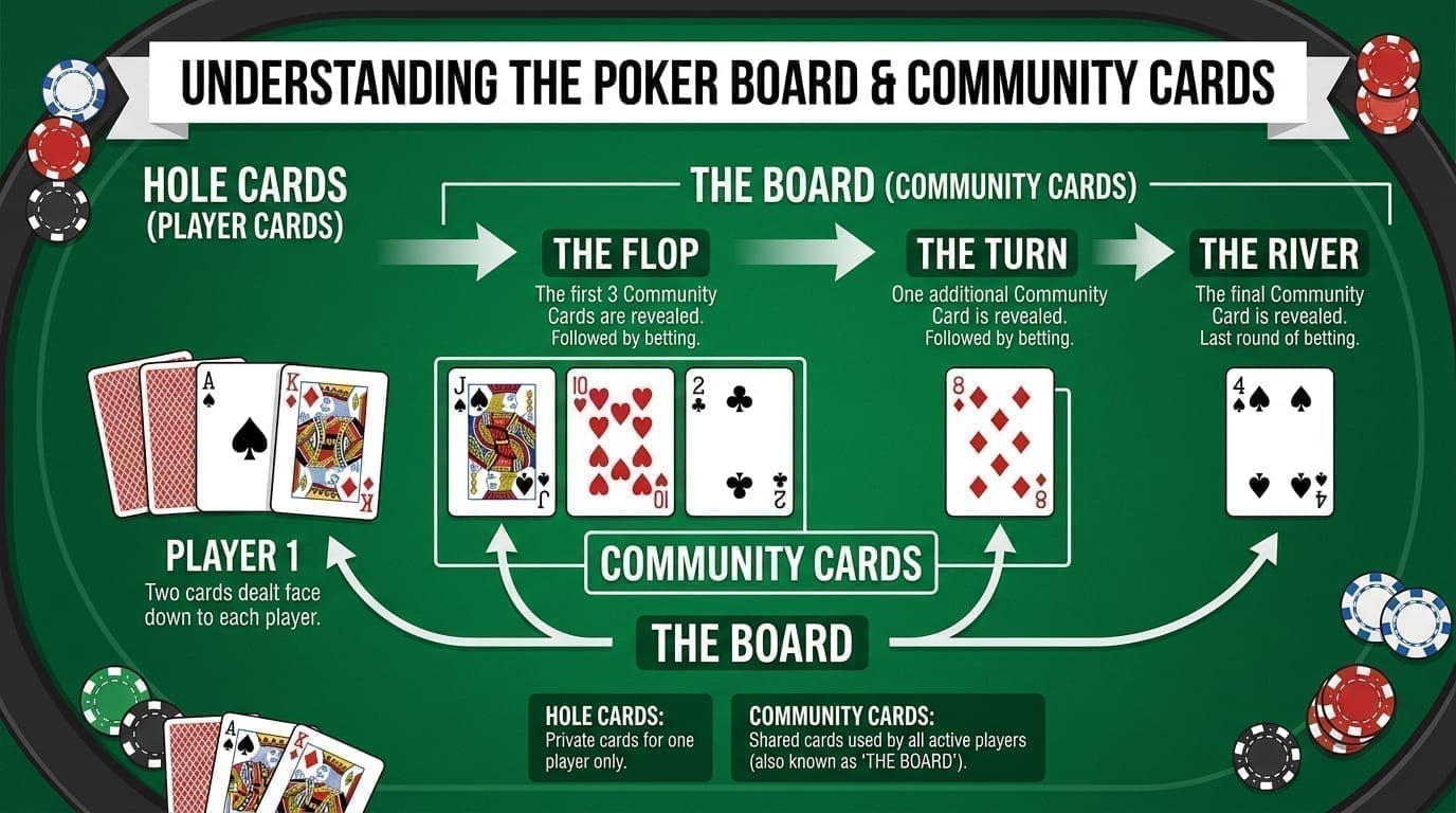 Poker community cards: flop, turn, river and key terms
