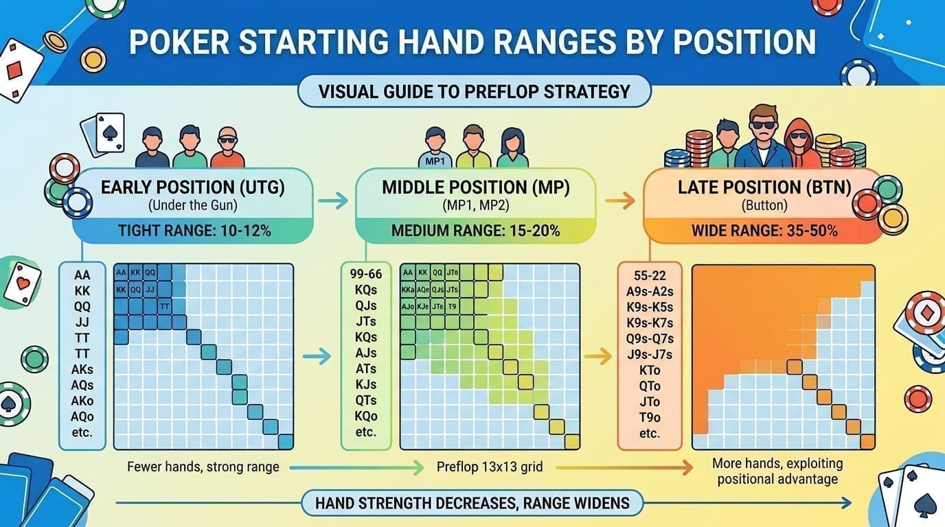 Starting hand ranges by position - UTG tight to Button wide