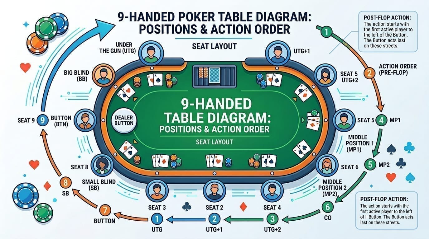 Poker table layout - dealer button, small blind, big blind positions